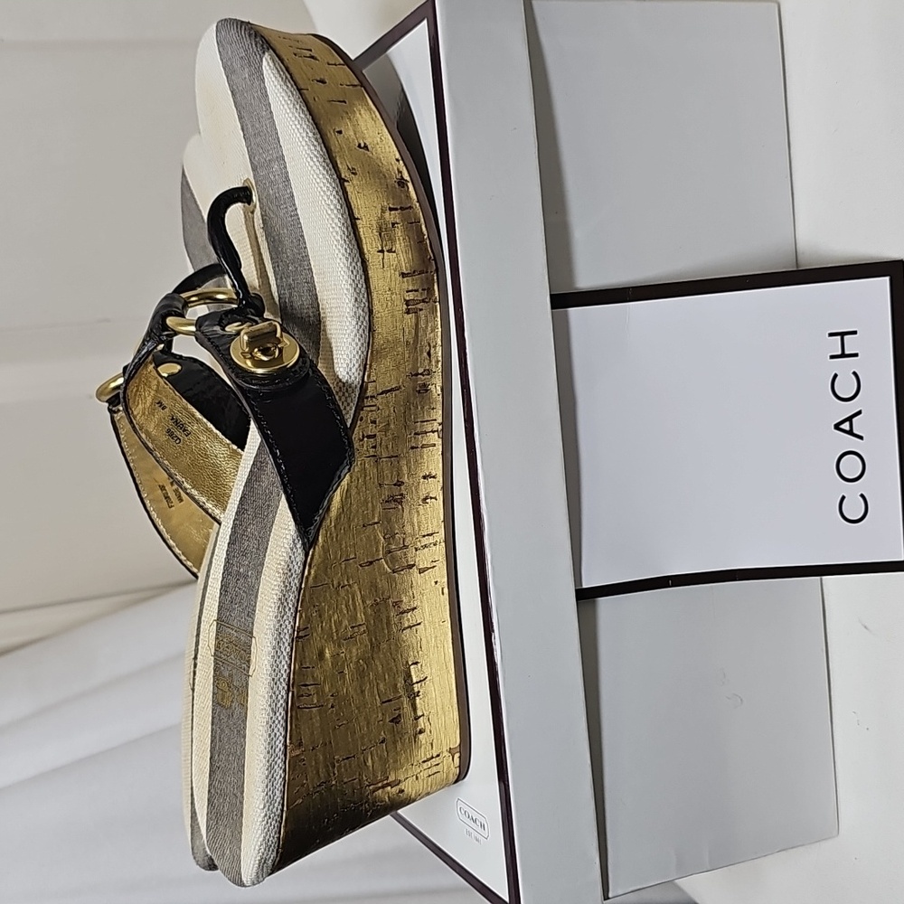 Coach Gold and Black Wedge Sandals - Picture 2 of 14